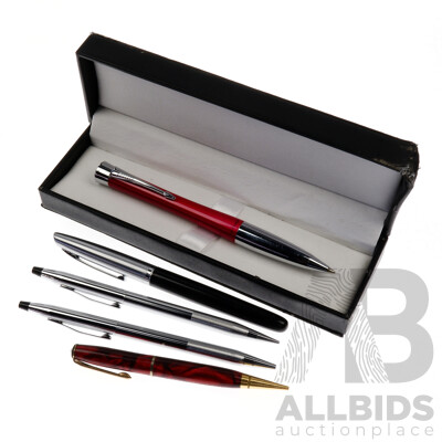 Collection Five Quality Ballpoint Pens in Case Including Onoto Red and Gold Example, Platinum, Two Cross Examples and More