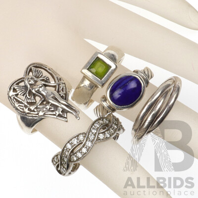 Sterling Silver Collection of Five Rings Including Peridot and Lapis, 28.08 Grams