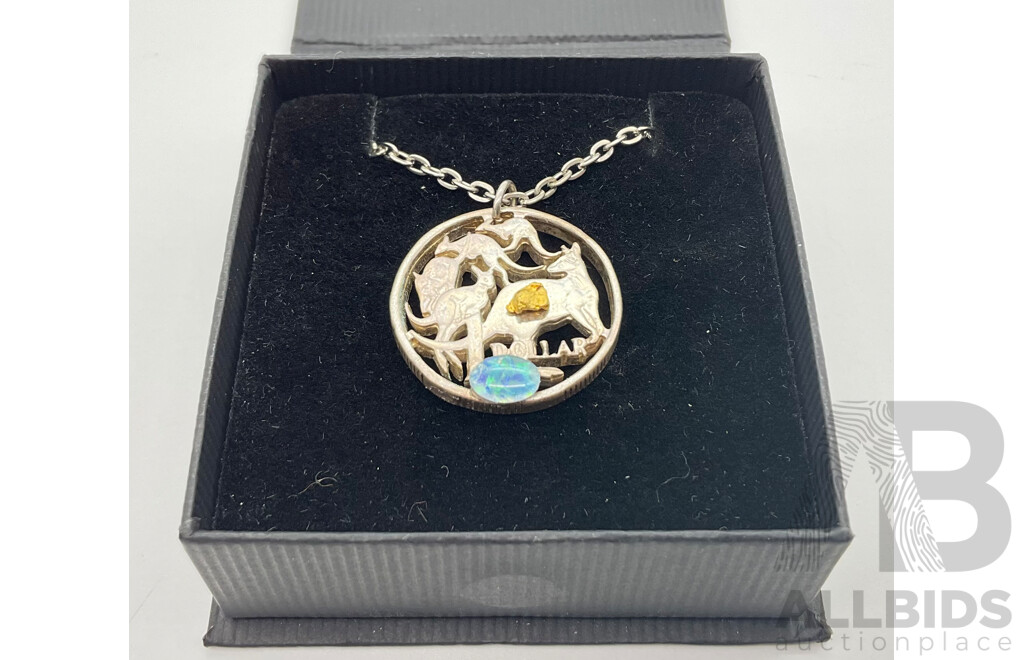 Pendant Crafted From Australian One Dollar Coin with Attached Australian Gold Nugget and Opal