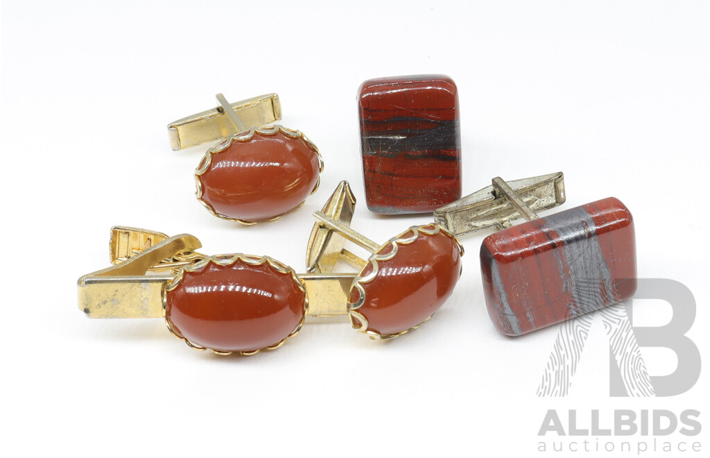 Two Pairs of Vintage Agate Cufflinks, One Set with Matching Tiebar