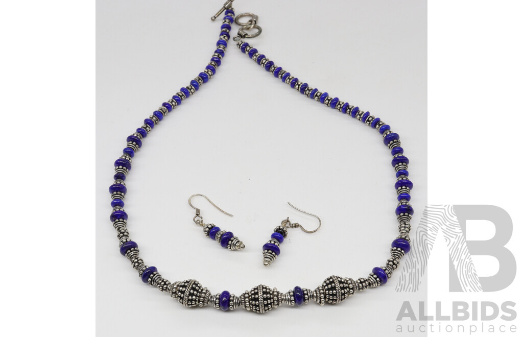 Lapis Lazuli Bead Necklace with Matching Sterling Silver and Lapis Lazuli Earrings
