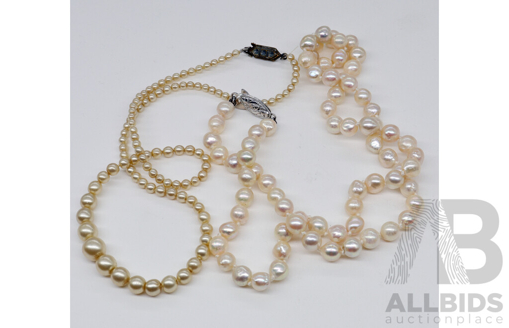 Vintage Baroque Pearl Necklace with Sterling Silver Clasp with Another Vintage Graduating Pearl Necklace