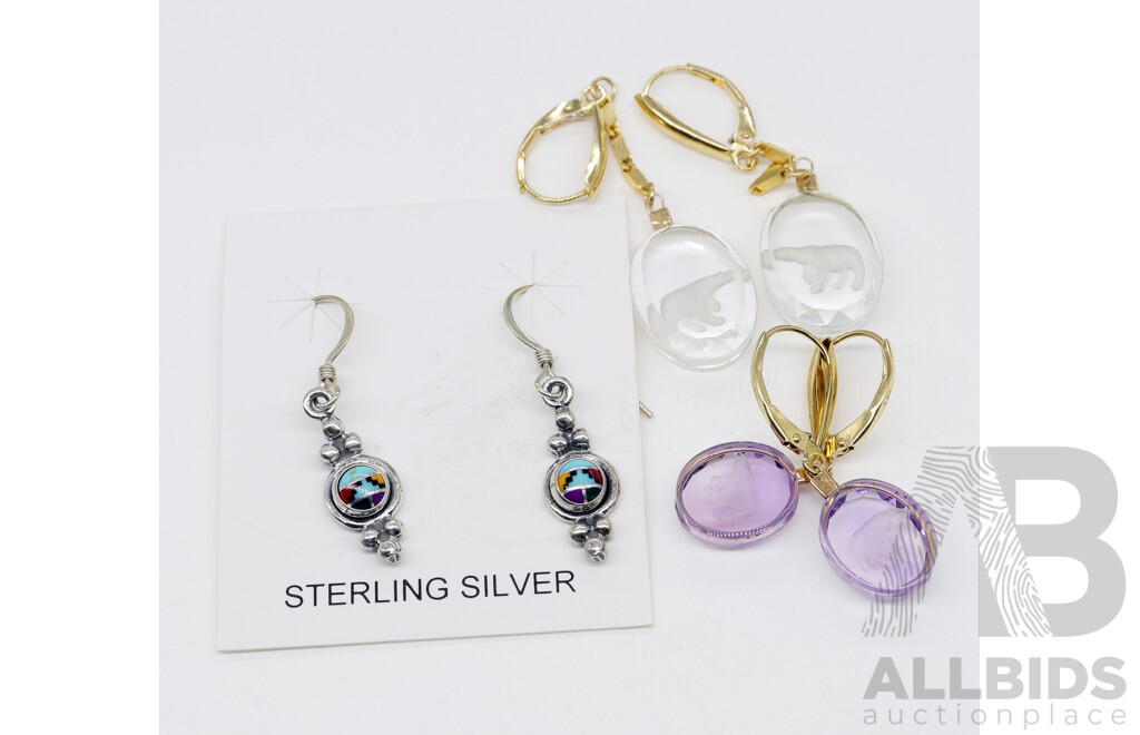 Pair of Sterling Silver Earrings with Two Pairs of Gold Plated Earrings with Engraved Bear Drops