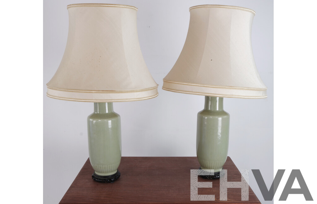 Pair Carlos Remes Style Table Lamps and Shades with Carved Wooden Bases, Brass Fittings, in Classic Chinese Vase Form