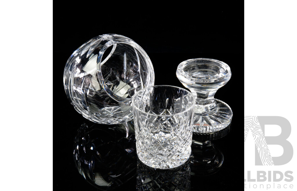 Three Waterford Crystal Items Comprising Candle Holder, Tumbler, Round Basket Form Dish All in Classic Lismore Pattern