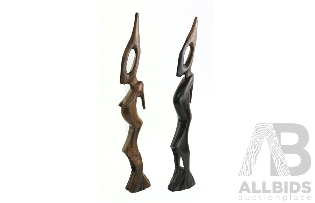 Pair Hand Carved African Ebony Anthropomorphic Figures