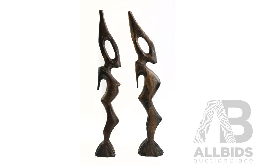 Pair Hand Carved African Ebony Anthropomorphic Figures