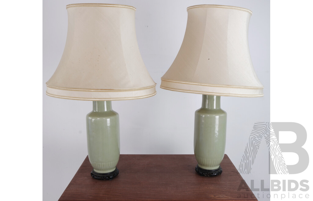 Pair Carlos Remes Style Table Lamps and Shades with Carved Wooden Bases, Brass Fittings, in Classic Chinese Vase Form