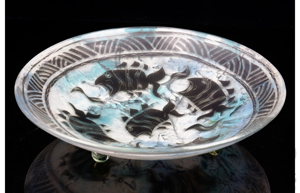 Interesting Australian Studio Art Glass Shallow Bowl with Three Round Feet and Piscatorial Motif to Center