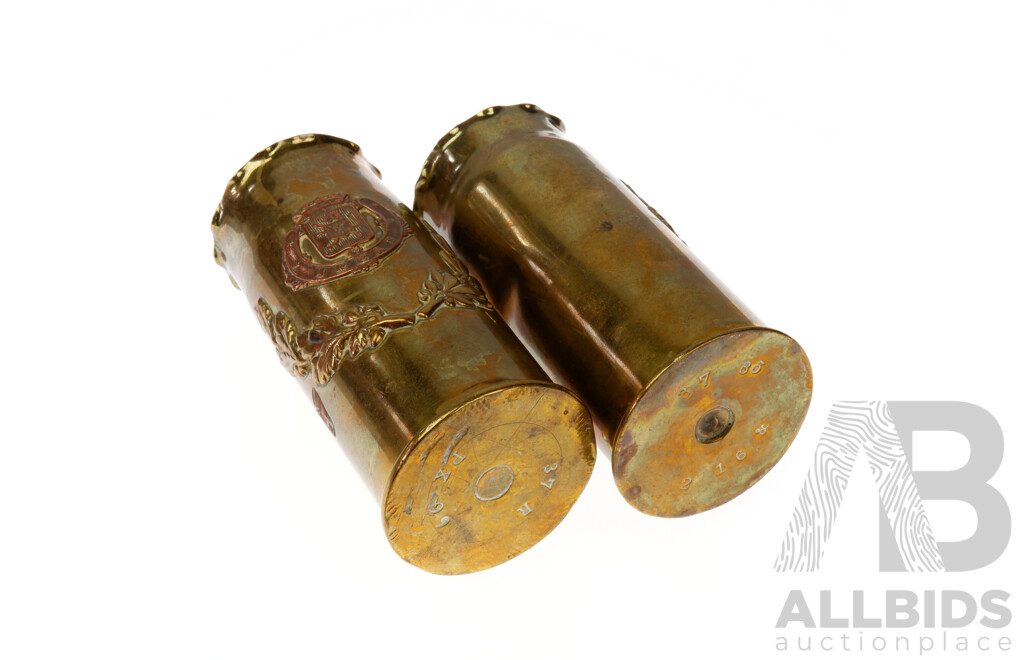 Two Trench Art Brass Shell Casings with Fluted Edge and Coat of Arms of Verdun & Arras