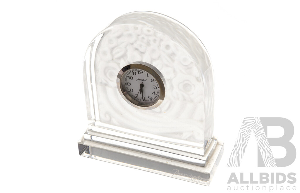 French Baccarat Crystal Bedside Clock with Frosted Glass Rose Motif