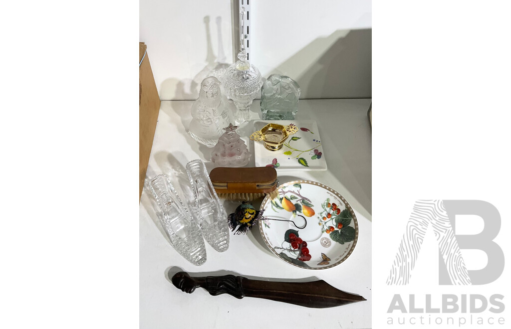 Collection Decorator Items Including Pair Crystal Shoes, Tea Strainer Set, Macasser Ebony Letter Opener and More