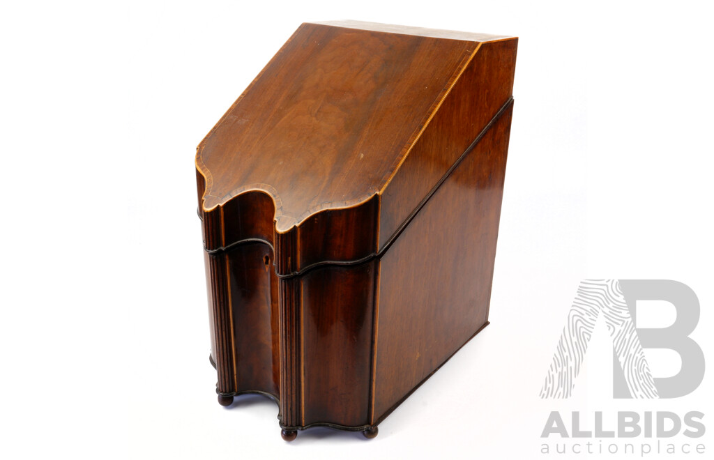Antique Georgian Mahogany Desk Tidy with Marquetry Inlay to Lid and Twin Columnar Detail to Front