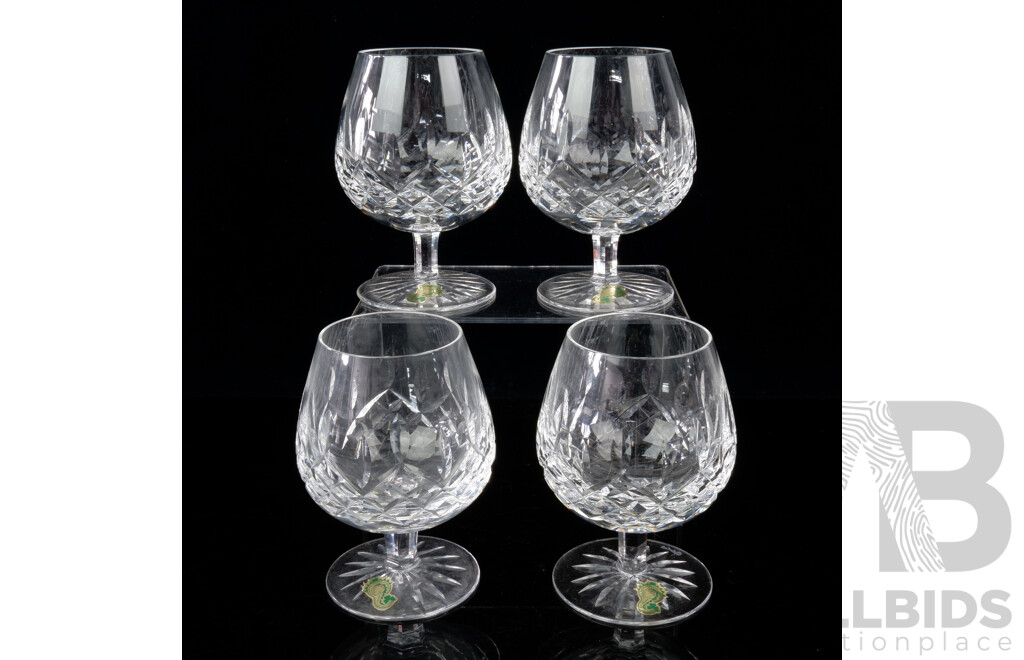 Set Four Waterford Crystal Brandy Balloons in Classic Lismore Pattern with Original Lables to Base