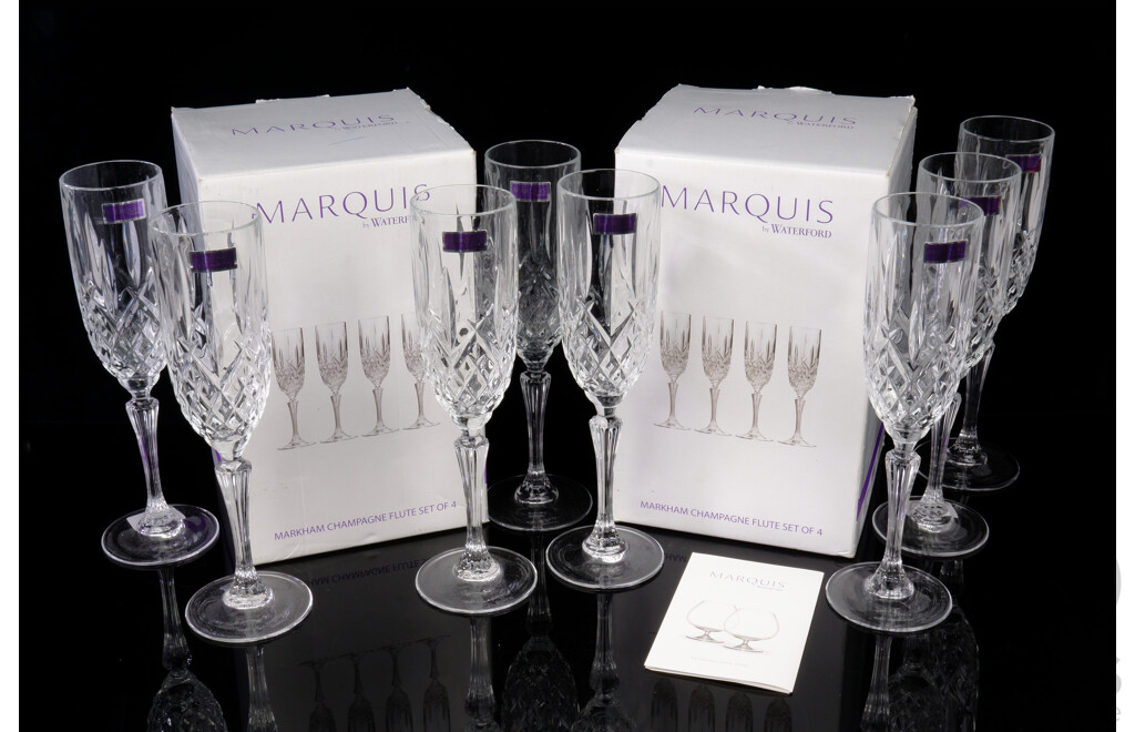 Two Sets Four Marquis by Waterford Markham Champagne Flutes in Original Boxes