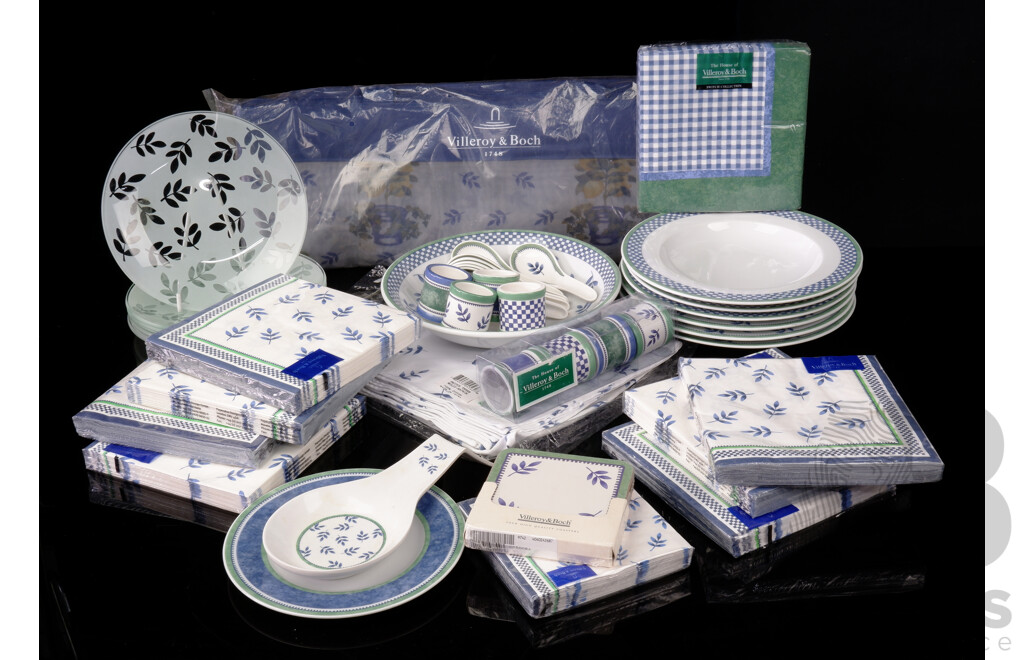 Collection Villeroy & Boch Porcelain and Other Pieces in Switch 3 Mix N Match Pattern Including Set Six Pasta Bowls, Table Cloth, Set Six Glass Plates and More