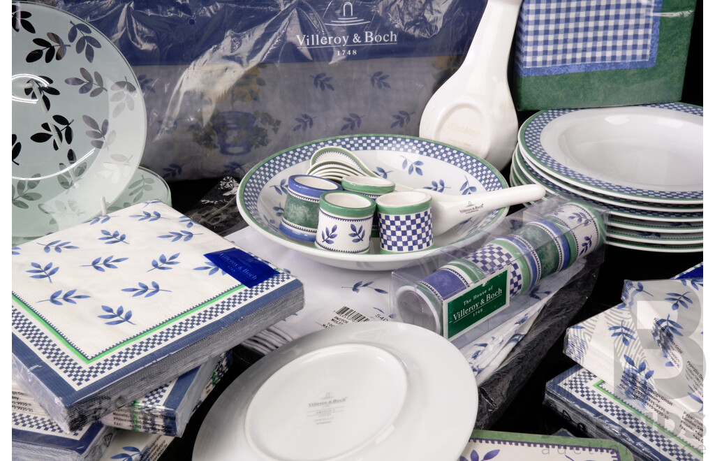 Collection Villeroy & Boch Porcelain and Other Pieces in Switch 3 Mix N Match Pattern Including Set Six Pasta Bowls, Table Cloth, Set Six Glass Plates and More