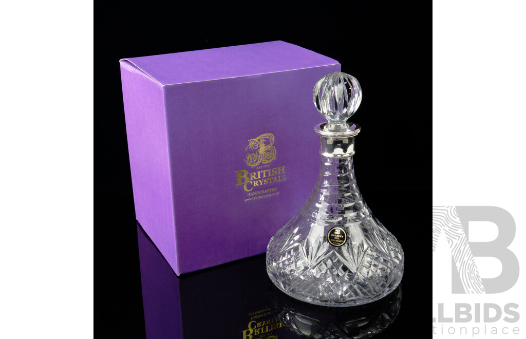 Brierley Hill British Handcrafted Crystal Westminster Ships Decanter with Sterling Silver Collar, Original Label and Box