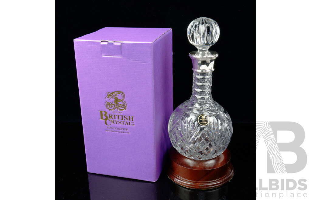 Brierley Hill British Handcrafted Crystal Westminster Hogget Decanter with Sterling Silver Collar, Wooden Stand, Original Label and Box