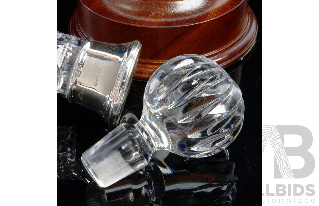 Brierley Hill British Handcrafted Crystal Westminster Hogget Decanter with Sterling Silver Collar, Wooden Stand, Original Label and Box