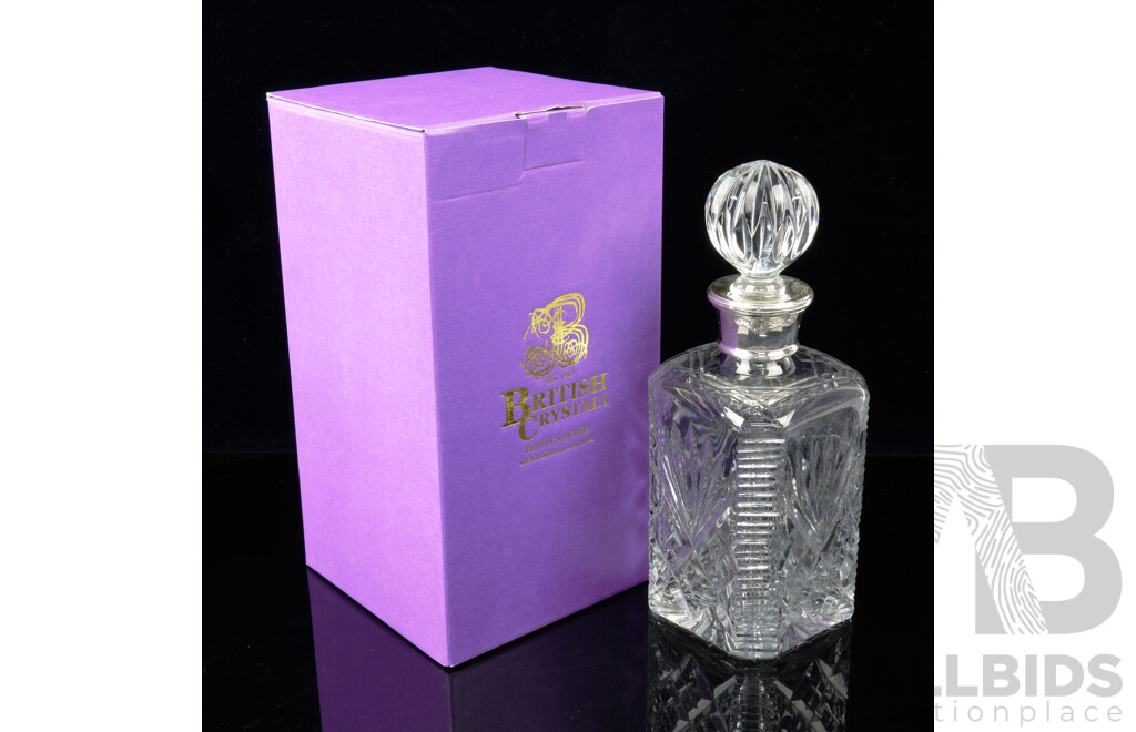 Brierley Hill British Handcrafted Crystal Westminster Square Decanter with Sterling Silver Collar, in Original Box
