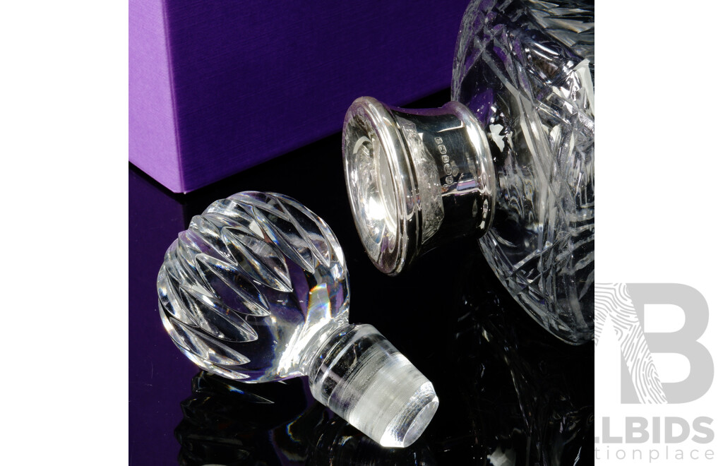 Brierley Hill British Handcrafted Crystal Westminster Square Decanter with Sterling Silver Collar, in Original Box
