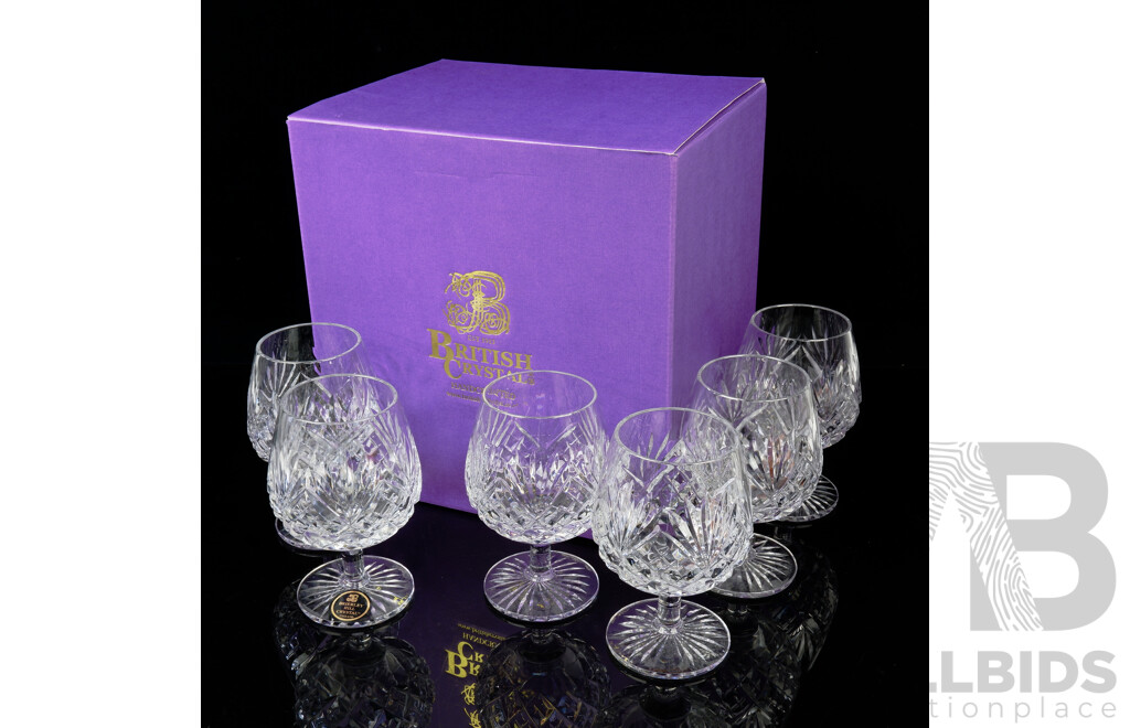 Set Six Brierley Hill British Handcrafted Crystal in Westminster Pattern 12 Oz Brandy Balloons in Original Box
