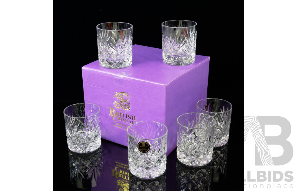 Set Six Brierley Hill British Handcrafted Crystal in Westminster Pattern Tumblers in Original Box
