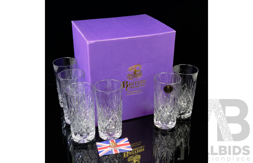 Set Six Brierley Hill British Handcrafted Crystal in Westminster Pattern Tumblers with Original Labels in Original Box
