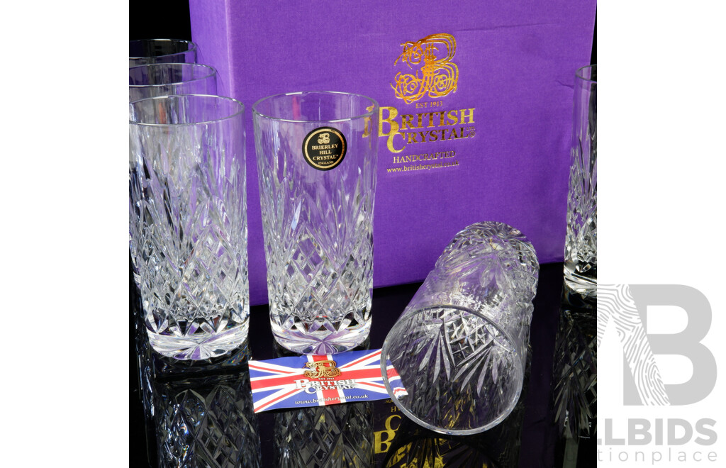 Set Six Brierley Hill British Handcrafted Crystal in Westminster Pattern Tumblers with Original Labels in Original Box