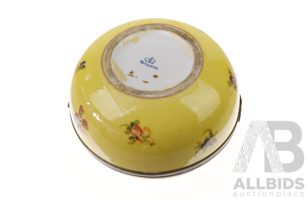 Antique Late 1800s Dresden Hinged Porcelain Powder Box with Yellow Ground Decorated Inside and Out with Hand Painted Floral Theme