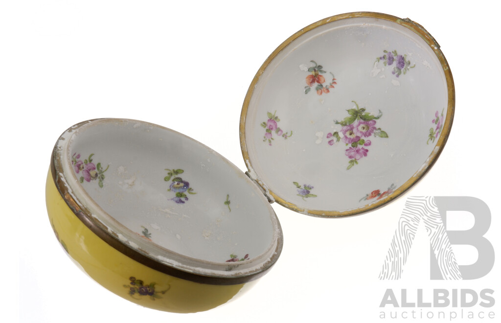 Antique Late 1800s Dresden Hinged Porcelain Powder Box with Yellow Ground Decorated Inside and Out with Hand Painted Floral Theme