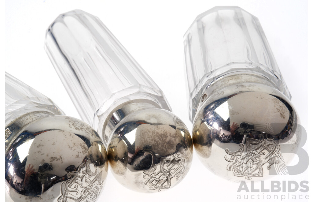 Antique Set Four Crystal Vials with Sterling Silver Lids with Engraved Monogram to Top, London 1889