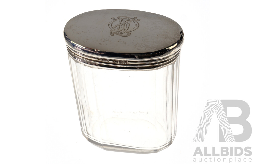 Antique  Crystal Canister with Sterling Silver Lid with Engraved Monogram to Top, London 1900