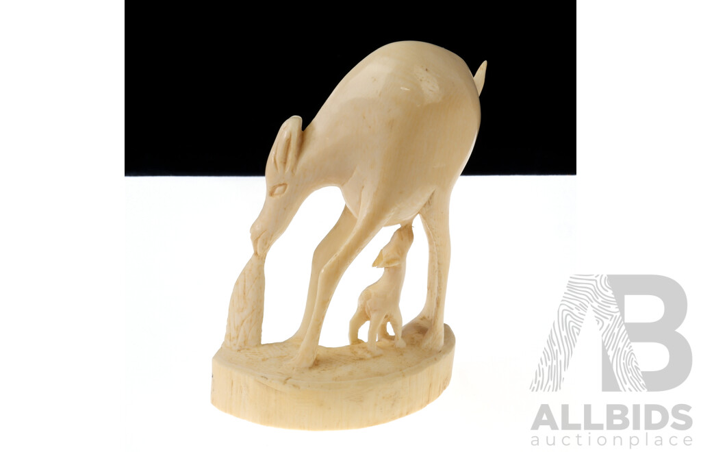 Vintage Hand Carved Solid Ivory Deer with Suckling Fawn