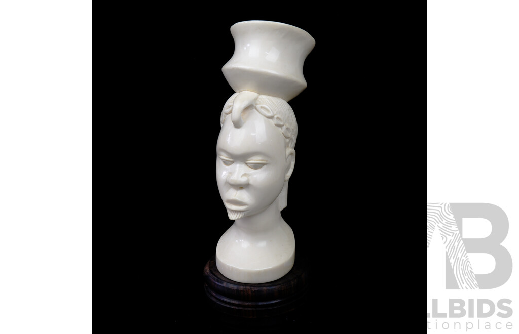 Vintage Hand Carved Solid Ivory African Male Bust Attached to Wooden Stand