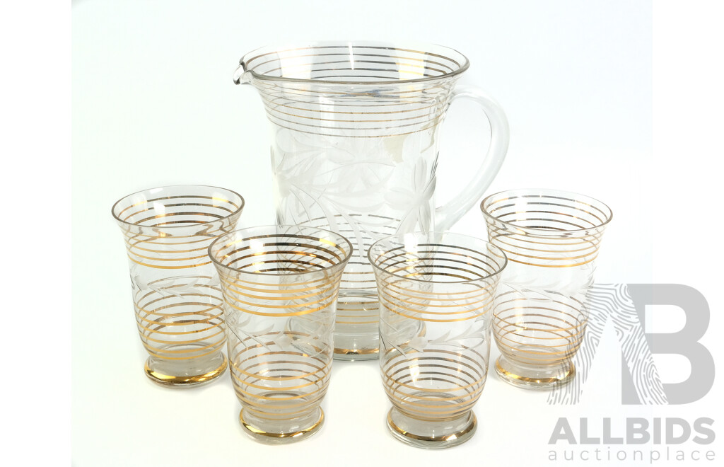 Vintage Glass Lemonade Jug with Set Four Matching Glasses