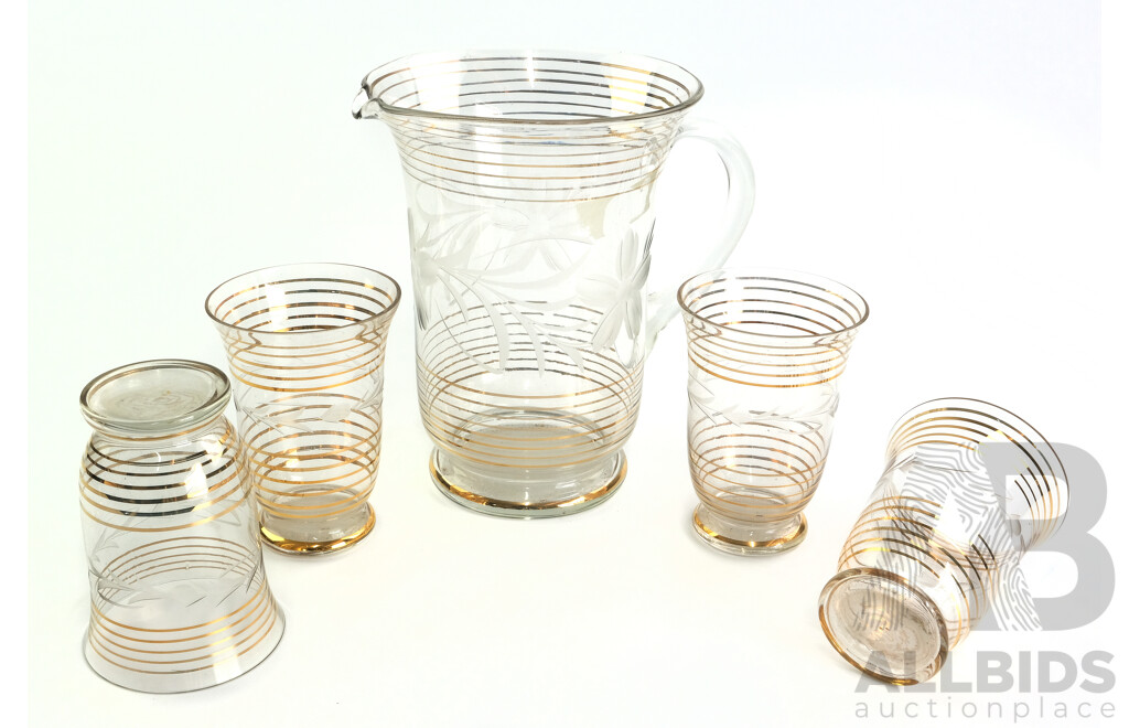 Vintage Glass Lemonade Jug with Set Four Matching Glasses