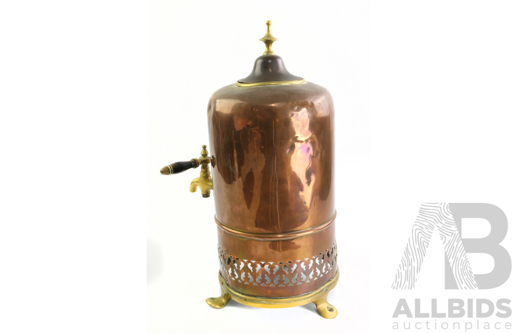 Antique Copper and Brass Hot Water Urn with Pierced Detail to Base