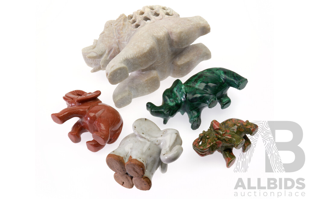 Collection Elephant Figures Including Malachite Example