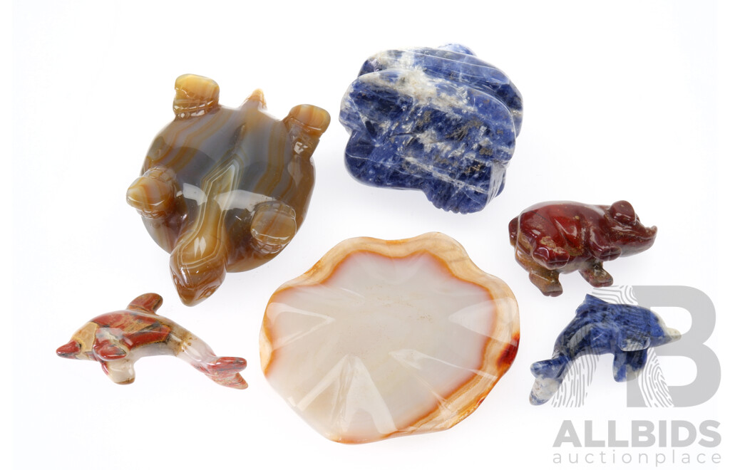 Collection Stone Animal Figures Including Turtle on Lily Pad, Lapis Lazuli Buddha and More