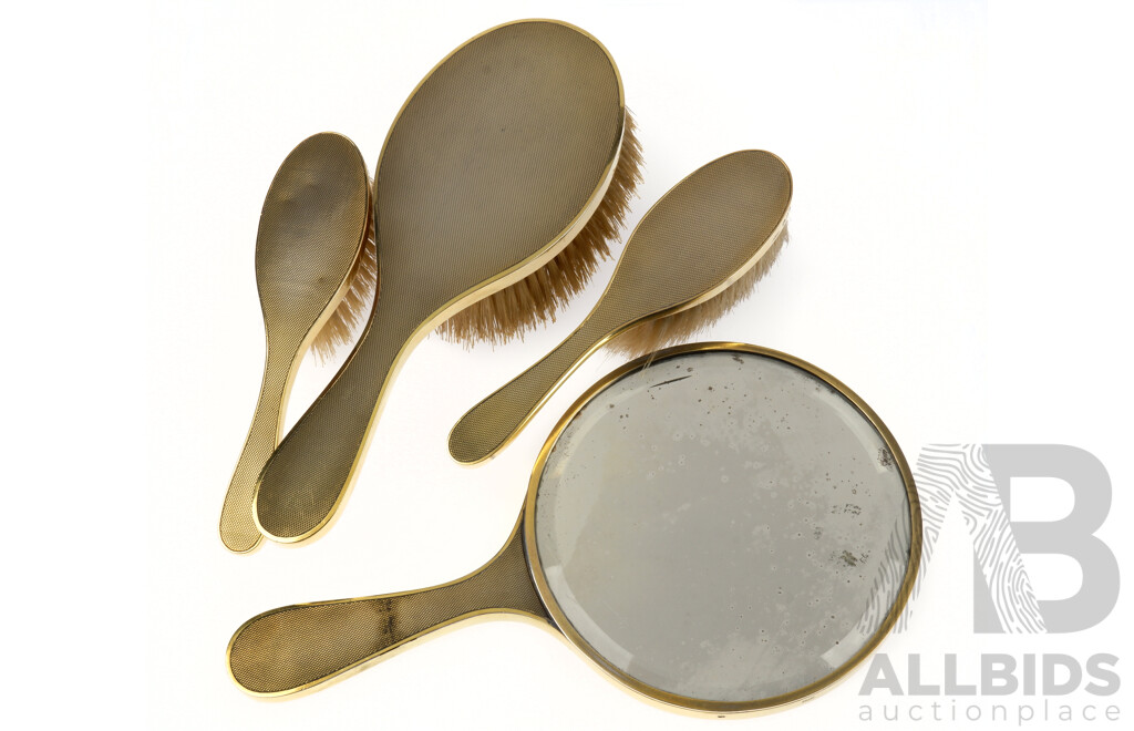 Mans Four Piece Sterling Silver Gilt Dressing Table Set Consisting of Pair Clothes Brushes, Hair Brush & Mirror, Asprey & Co, London 1924