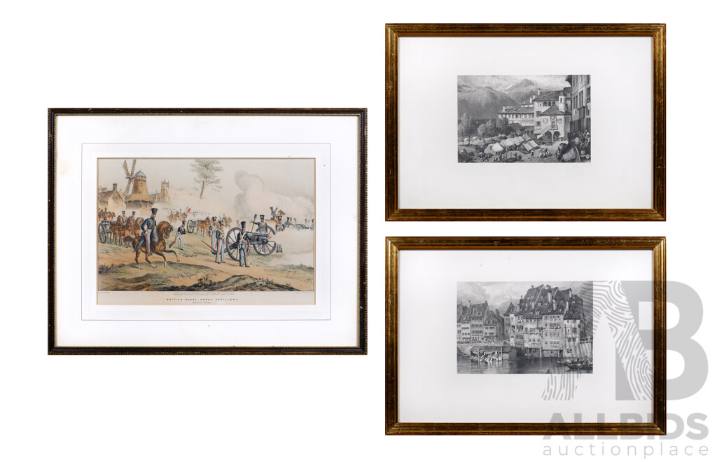 Pair of Framed Reproduction Etchings, Strasburg & Orta Together with Coloured Lithograph of the British Royal Horse Artillery (3)