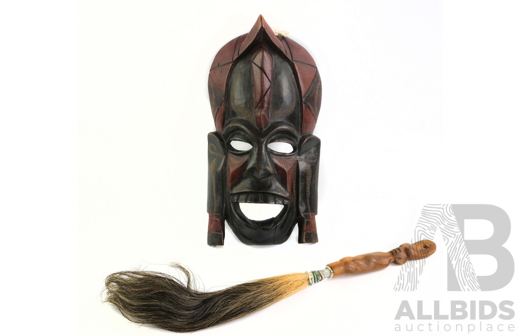 Collection Hand Carved  African Items Comprising Ebony Kenyan Mask and Ceremonial Cow Tail Fly Whisk