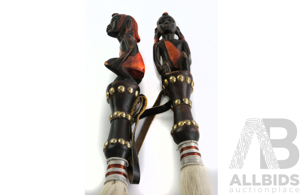 Pair Hand Carved  African Yoruba Irukere Ceremonial Cow Tail Fly Whisks with Anthropomorphic Figure Handles