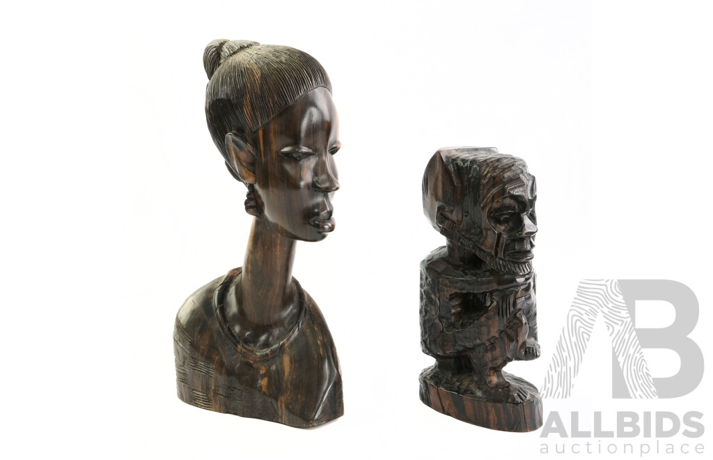 Two Hand Carved  African Ebony Busts