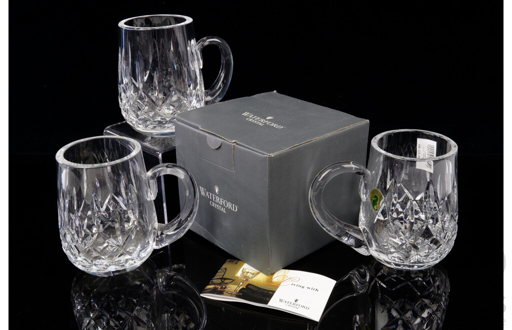 Set Three Waterford Crystal 14 Oz Tankards in Classic Lismore Pattern, One in Original Box