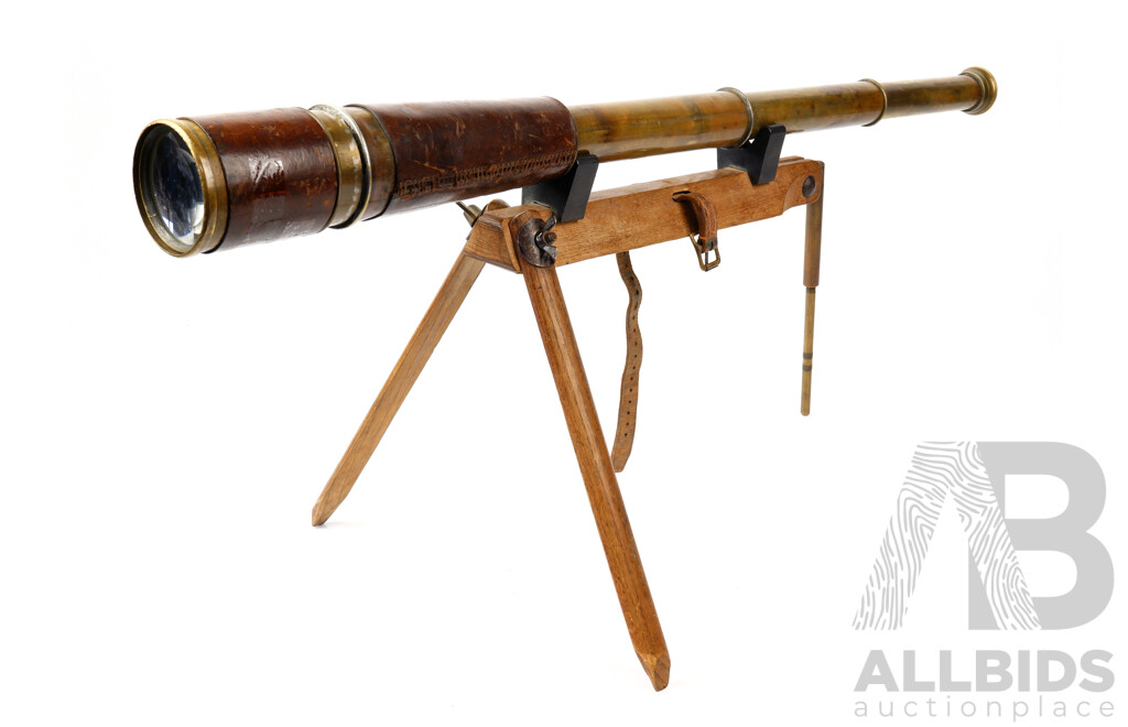 Antique Brass Extending Telescope with Leather Wrap by Broadhurst & Clarkson, London with Wood and Brass Tripod