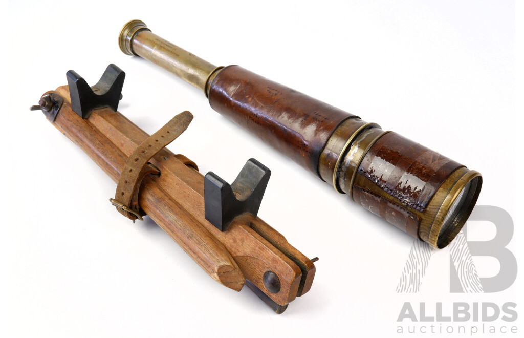 Antique Brass Extending Telescope with Leather Wrap by Broadhurst & Clarkson, London with Wood and Brass Tripod