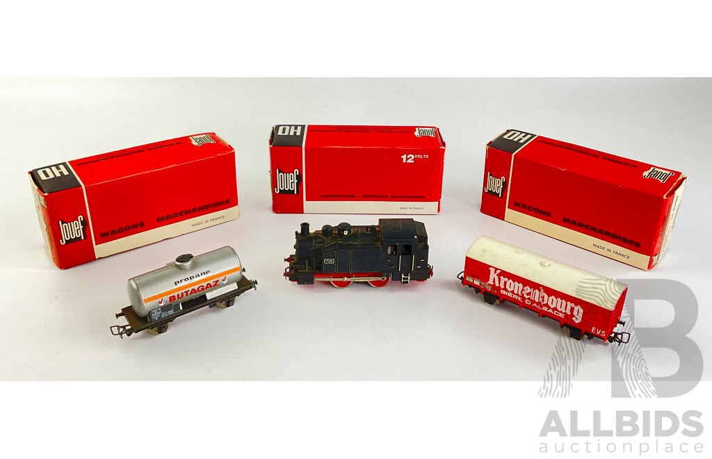 Vintage Jouef HO Scale 0-4-0 Steam Locomotive, Fuel Tanker and Freight Wagon in Original Boxes